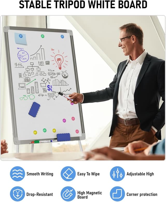 Detalle de Nicpro Flip Chart Whiteboard with Stand (90 x 60cm) – Magnetic Dry Erase Easel with 4 Pens