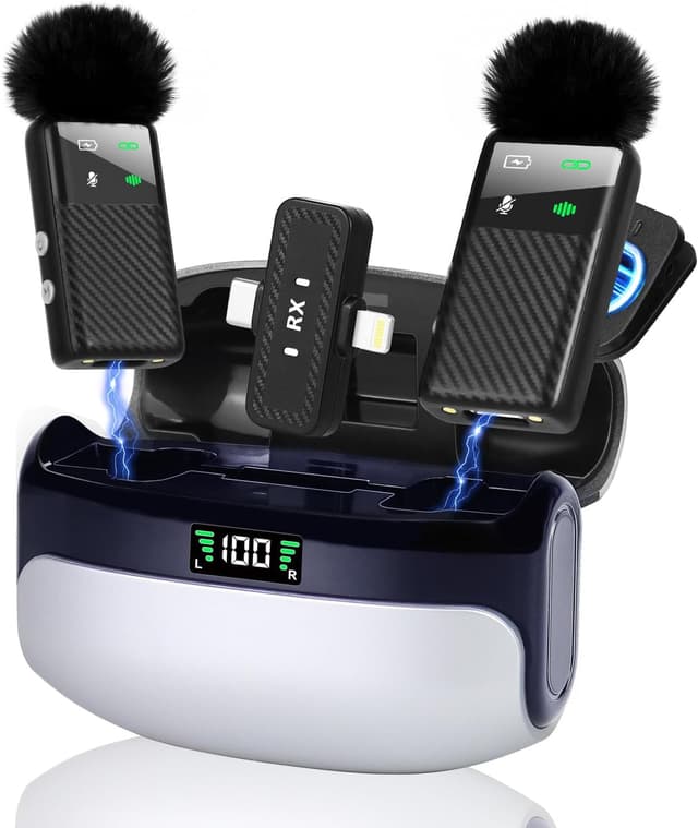 Detalle de Kairiyard kabelloses Handy-Mikrofon (Wireless Lavalier) für iPhone & Android – Plug-Play, bis zu 25 h Laufzeit