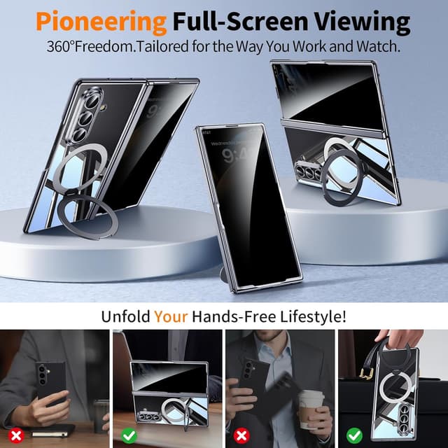 Thumbnail 6 de Clear for Galaxy Z Fold 7 Case with Privacy Screen Protector, Magsafe Fit, Magnetic Kickstand & Ring Holder (Hinge Protection) - Black