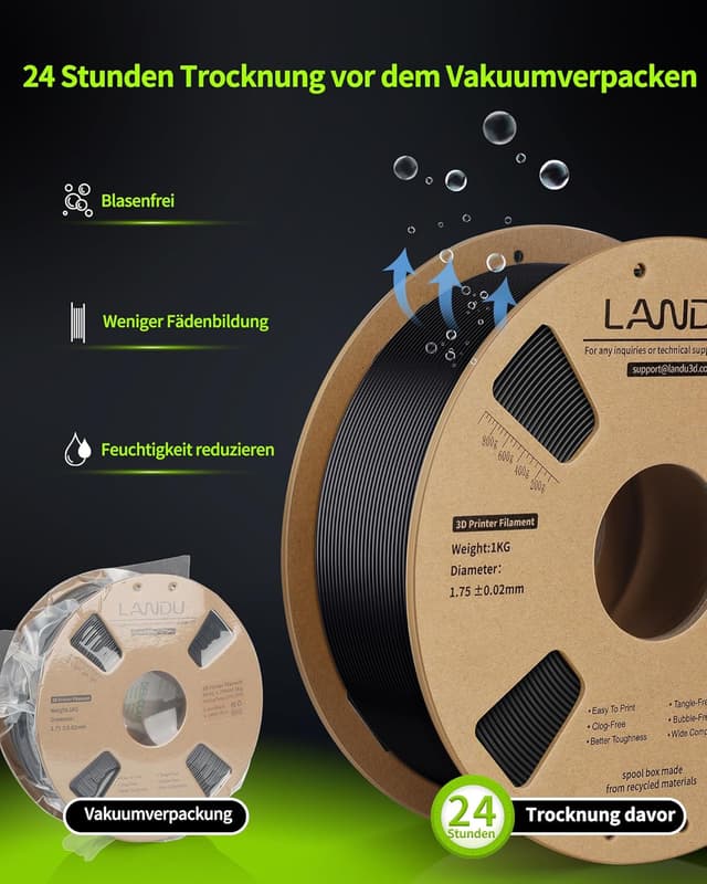 Detalle 2 de LANDU PETG Filament 1,75 mm Schwarz (1 kg, 1,75mm) für 3D-Druck – Maßhaltigkeit ±0,02 mm