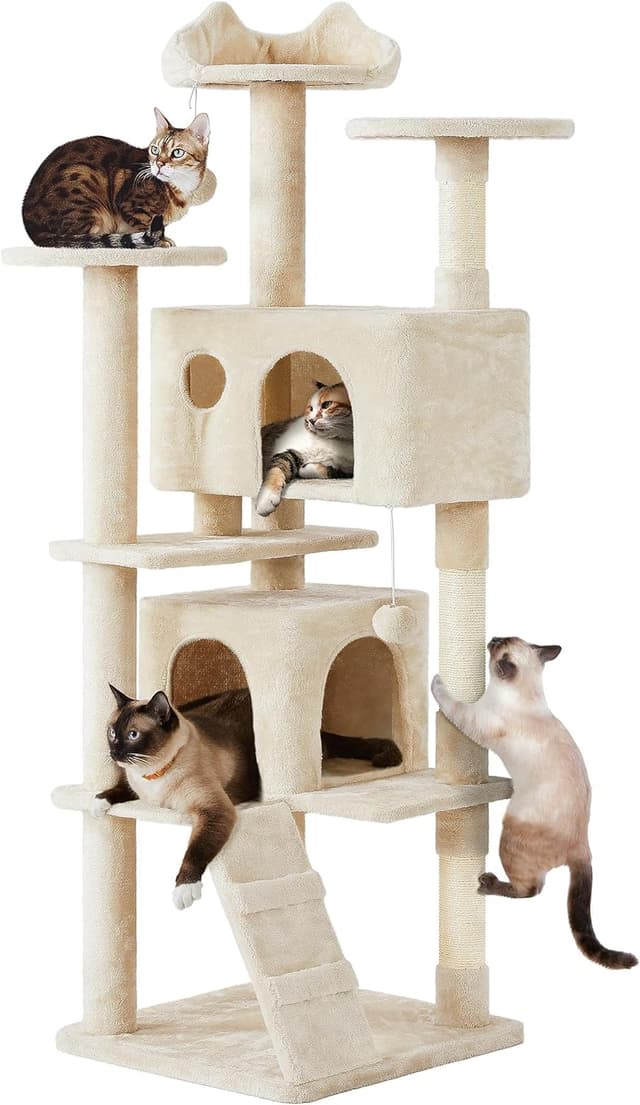 Detalle de Yaheetech Cat Tree (178cm) with Scratching Posts, 2 Condos, Perched Platforms & Dangling Balls – Beige