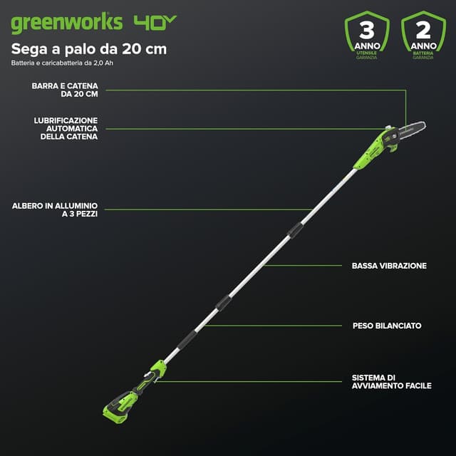 Detalle de Greenworks G40PSFK2 Sega ad asta a batteria 40V con barra da 20 cm e impugnatura telescopica