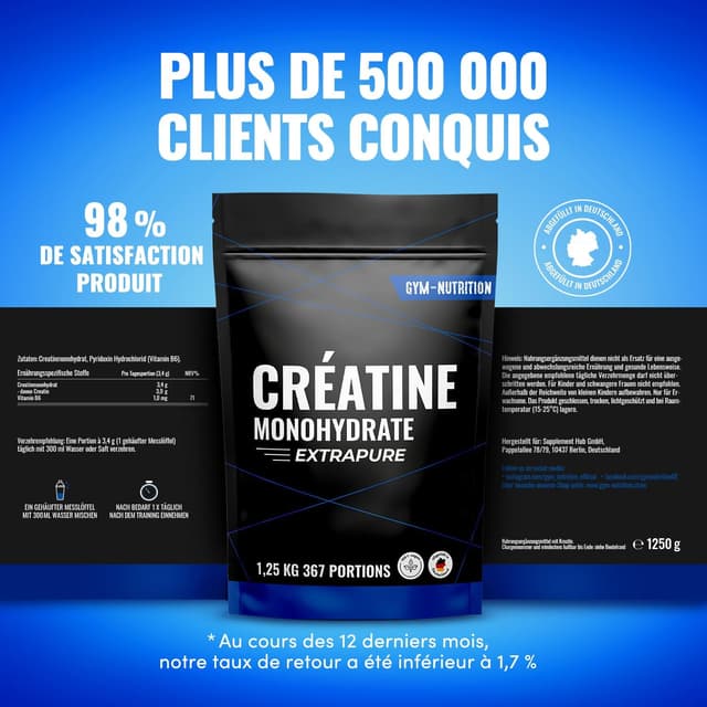 Detalle de Creatine Monohydrate 1,25 kg (Ultra Pure) avec Vitamine B6 – 367 portions – Vegan, fabriquée en Allemagne