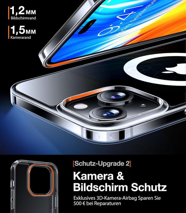 Detalle de TORRAS Diamond-Mag Hülle für iPhone 15 mit MagSafe, transparent und kratzfest