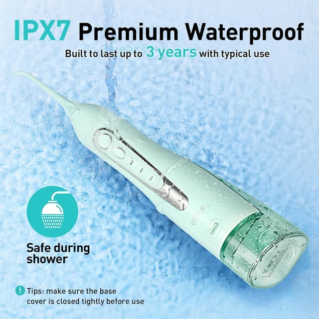 Detalle de COSLUS C20 Portable Cordless Water Flosser (300ML) — IPX7 Rechargeable Dental Irrigator, Green