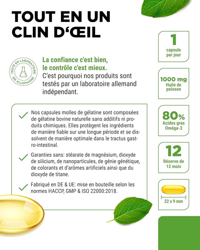 Detalle de Omega 3 Premium en triglycérides – 365 gélules (1000 mg d’huile de poisson, EPA & DHA)