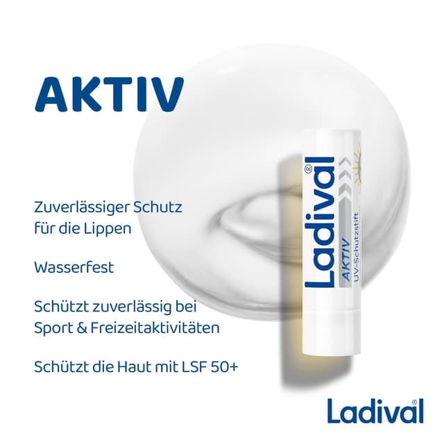 Detalle de Ladival Aktiv UV-Schutzstift Lippen LSF 50+ mit Jojoba-Öl (wasserfest, UVA/UVB) – 4,8 g