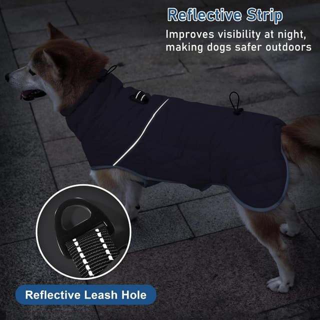Detalle 1 de Leberna Warm Pet Dog Coats and Jackets Waterproof Reflective Turtleneck Puffer Jacket with Adjustable Harness (Navy Blue, L)
