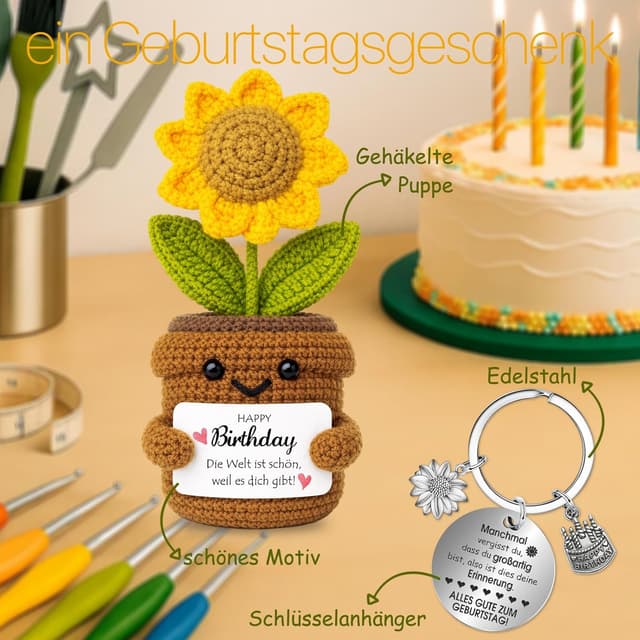 Detalle 2 de Farbeele Positive Sonnenblume & Glücksbringer-Schlüsselanhänger (Pocket Hug Figur) – Geburtstagsgeschenk mit Wunschkarte