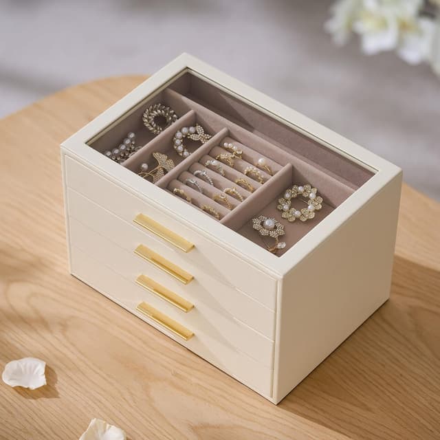 Detalle de pickpiff 4-Layer Jewellery Box Organiser Case with Glass Window (Ivory Leather, Pink Velvet)
