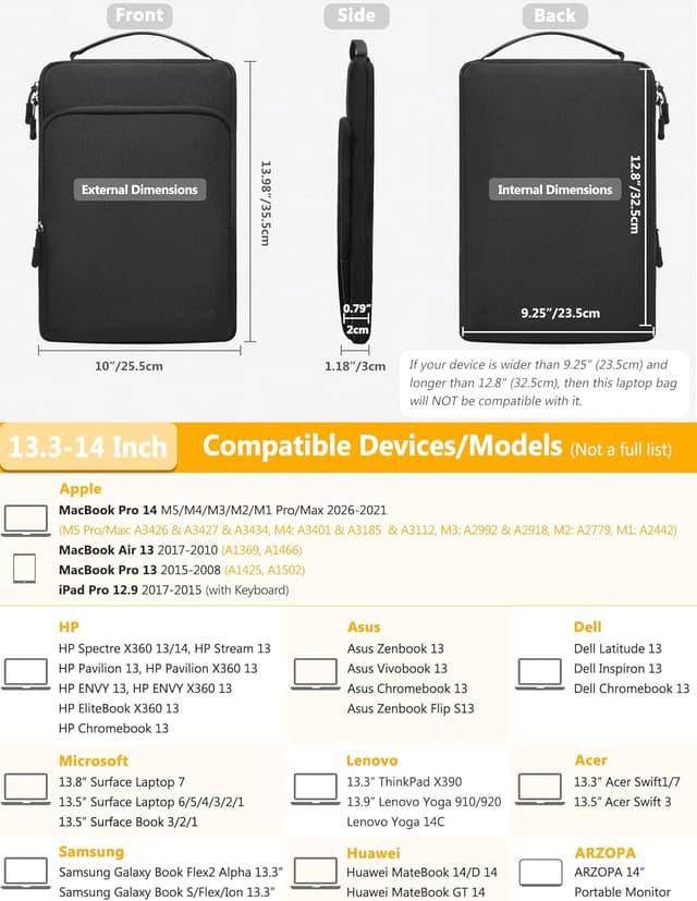 Detalle 2 de HYZUO Laptoptasche für 13,3–14 Zoll – Hülle mit stoßfestem Schaum und Stauraum, schwarz