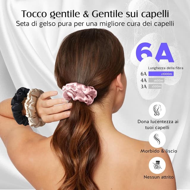 Detalle de Set di 3 scrunchies in seta Umisleep (100% seta di gelso) senza impronte, rosa + nero + champagne