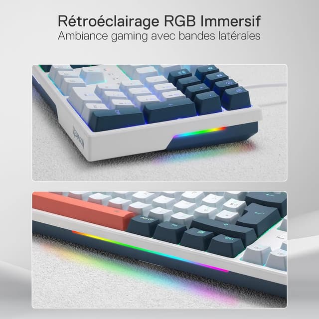 Detalle de Redragon K668 clavier gaming mécanique filaire AZERTY 105+4, RGB et interrupteurs rouges remplaçables à chaud