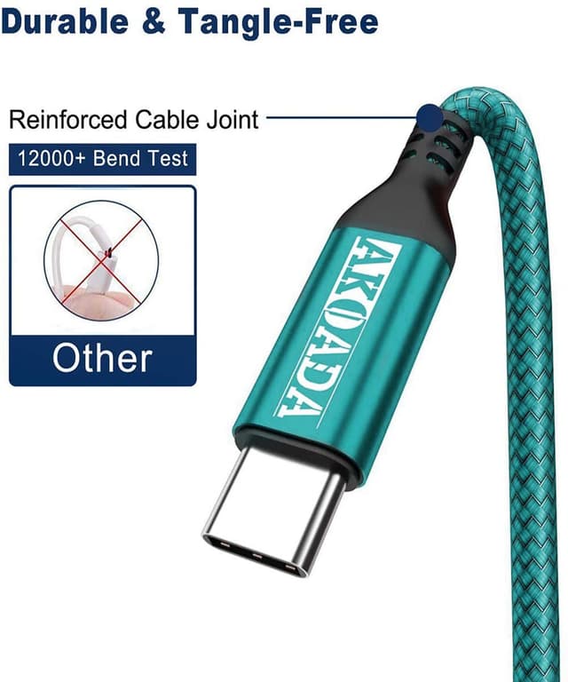 Detalle de AkoaDa USB-C to USB-C 100W 5A Fast Charging Cable (Nylon Braided, Green) – 10ft