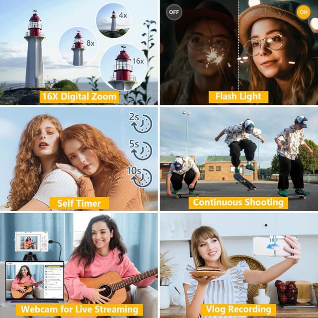 Detalle de 4K Digital Camera for Photography with Autofocus, 64MP WiFi Vlogging Camera (3" 180° Flip Screen) + 2 Batteries, White