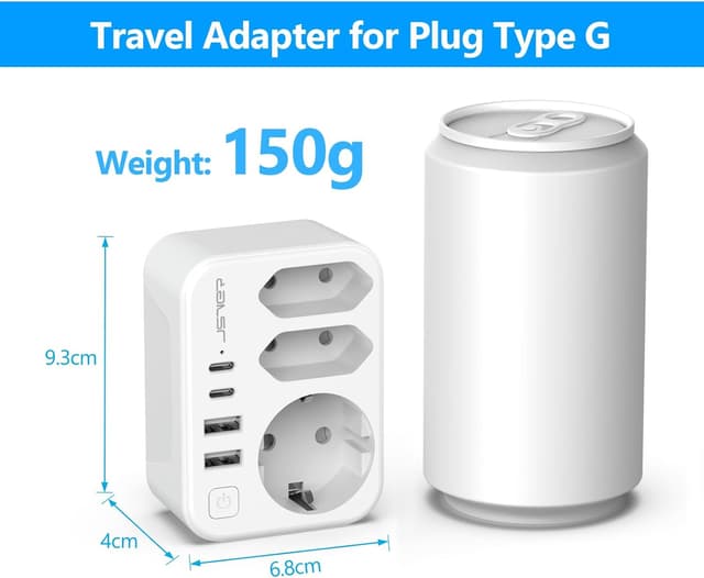 Detalle de JSVER Adaptateur de voyage France/Europe vers Royaume-Uni (Type G) – 2 USB-A + 2 USB-C