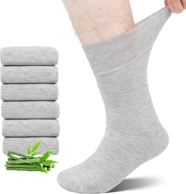 Detalle de LOFIR Diabetic Bamboo Socks (Wide Fit) – Seamless Toe, Non-Elastic Loose Top Crew Socks, 6 Pairs, Size 9–11 Grey