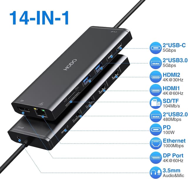 Detalle de Dell/HP USB-C Docking Station 14-in-1 for Dual/Triple Triple Display (2x HDMI 4K + DP) with 100W PD, Ethernet, USB, SD/Micro SD
