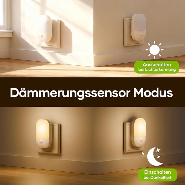 Detalle de Detake Nachtlicht mit Dämmerungssensor (2er-Set) für Steckdose – 5 Helligkeitsstufen, 3 Modi und warmweißes LED-Licht