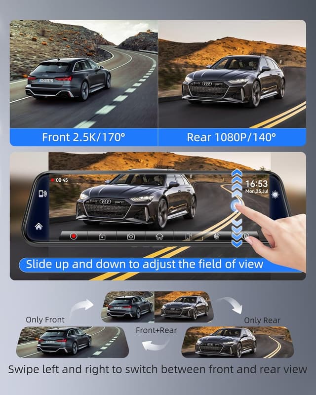 Detalle 2 de KOUENOM 2.5K Mirror Dash Cam with CarPlay & Android Auto, 10” Rear View Mirror Camera (64GB Included)