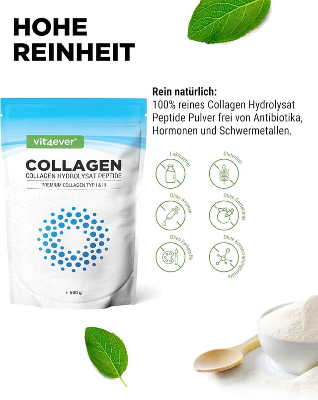 Detalle de Vit4ever Collagen Pulver 500 g (Kollagen Hydrolysat Typ 1 & 3) – geschmacksneutral, ohne Zusatzstoffe