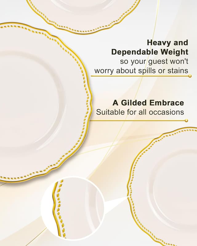 Detalle 2 de Hioasis 60pc Ivory & Gold Disposable Dinnerware Plates (7-inch) for Parties and Weddings