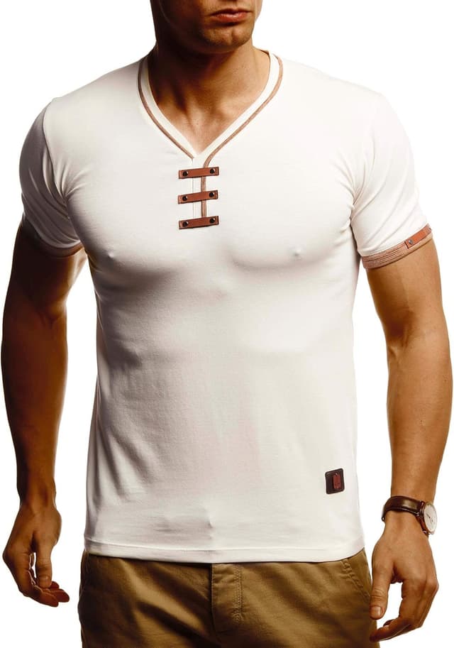 Detalle 2 de Leif Nelson LN4890N : t-shirt d’été homme à col en V blanc, coupe cintrée