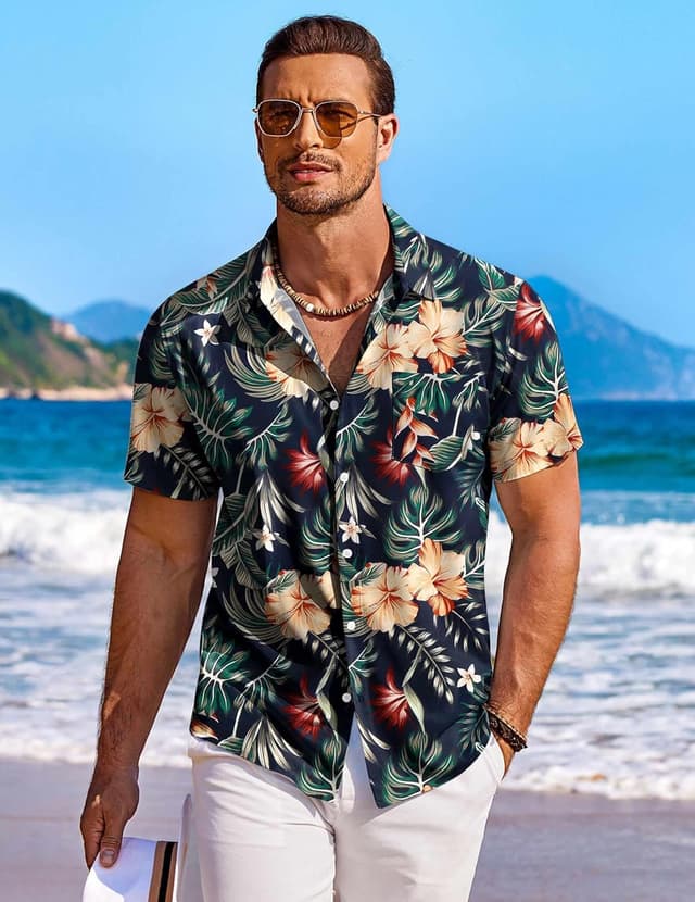 Detalle de COOFANDY Chemise homme manches courtes hawaïenne boutonnée – chemise d’été décontractée de voyage