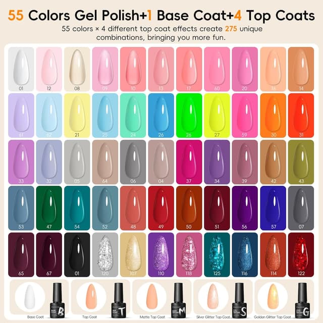 Detalle 2 de Peacecolor UV-Nagellack-Set mit 55 Farben (60-teilig) inkl. Base- und Top-Coats für Gelnägel-Starter