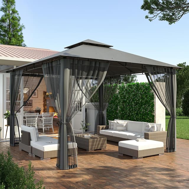 Detalle de Amopatio Gartenpavillon 3,4x3,4 m mit Doppeldach, wasserdichtem Aufbau und Moskitonetz (Grau)