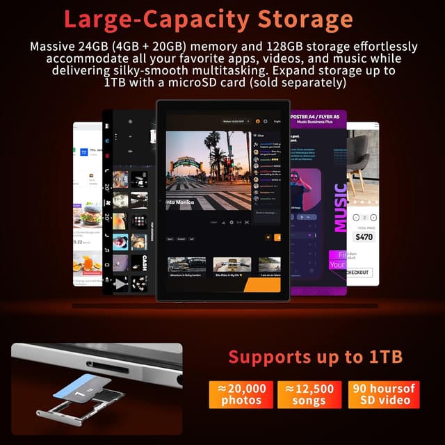 Detalle de 10-Inch Android 15 Tablet with Keyboard, 5G WiFi, Bluetooth 5.0, 24GB (4+20) RAM, 128GB ROM (Up to 1TB) and Stylus