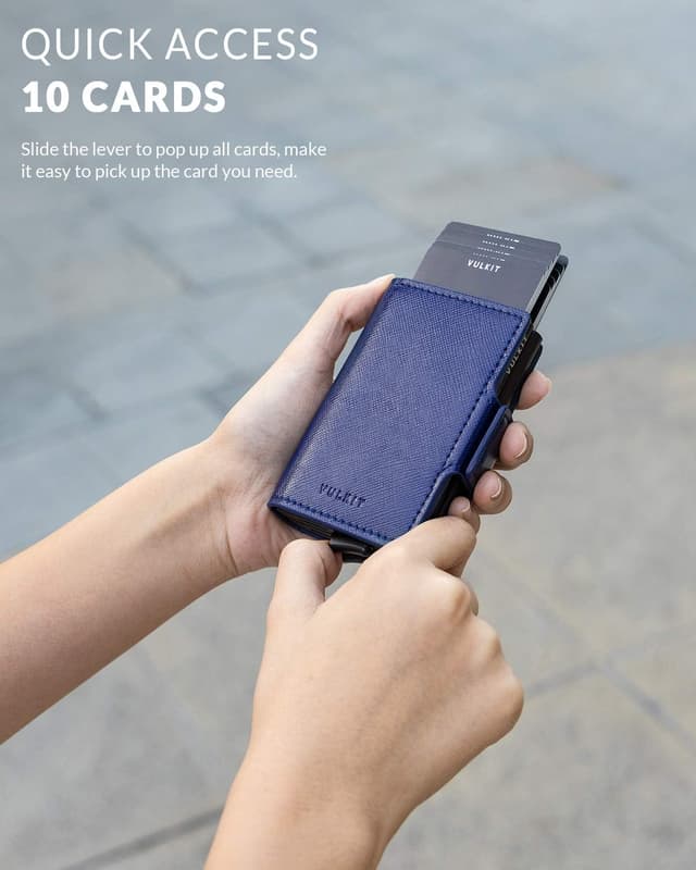 Detalle 2 de VULKIT Double Credit Card Holder RFID Blocking Pop Up Metal Card Holder Leather Wallet with Magnetic Closure