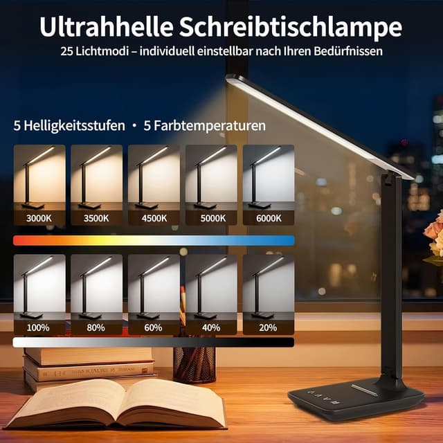 Detalle 2 de UPXNBOR Schreibtischlampe LED dimmbar mit Touch, Augenschutz und USB-A-Ladeanschluss