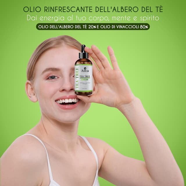 Detalle de KANZY Tea Tree Oil 60 ml – Olio essenziale di albero del tè per viso, corpo, unghie, capelli e aromaterapia