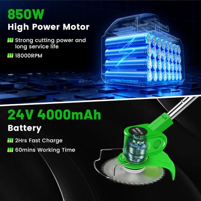 Detalle 2 de 24V Cordless Strimmer Grass Trimmer with Telescopic Pole, 6x Metal Blades + 10x Plastic Blades and 2x 4000mAh Batteries (Green)