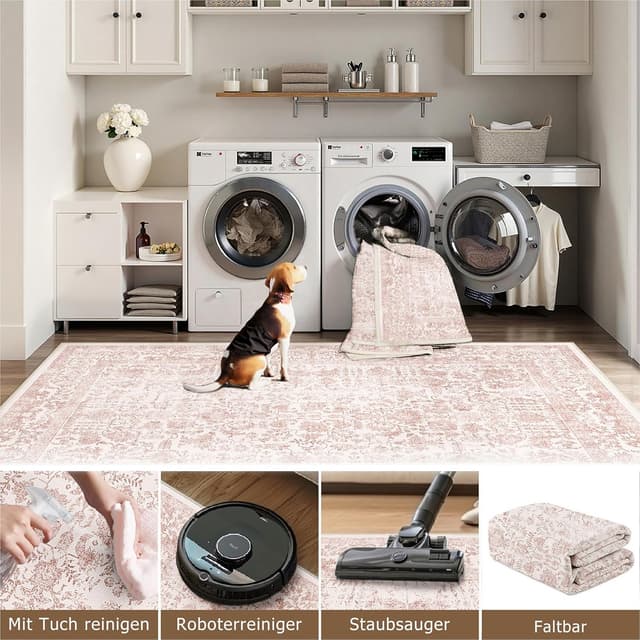 Detalle de HUGEAR Vintage Pink Low Pile Washable Non-Slip Area Rug 180x270cm