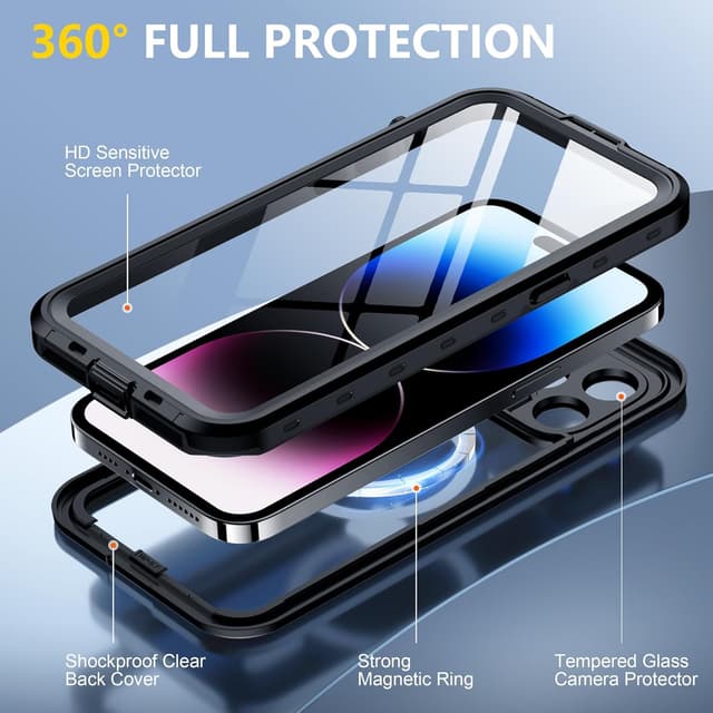 Detalle de Red2Fire Waterproof iPhone 14 Pro Case (6.1”) with Built-in Screen & Camera Protectors, IP68, MagSafe Compatible, Shockproof (Black/Clear)