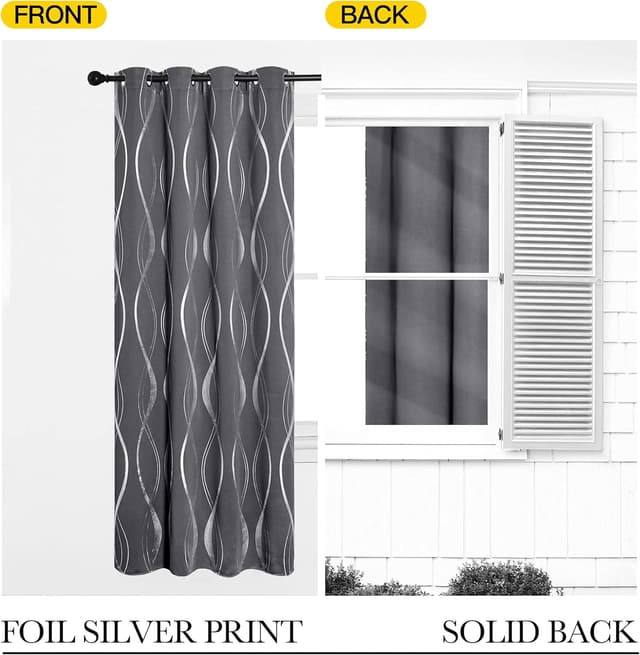 Detalle 2 de PONY DANCE Blackout Curtains (Silver Wave Foil Print) – Grey, 2 Panels, Thermal Insulated Eyelet Ready Made