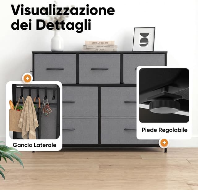 Detalle de HOKEEPER Cassettiera 7 cassetti in tessuto grigio, mobile basso salvaspazio