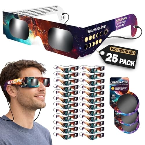 Detalle de Helioclipse Pack de 25 gafas de eclipse solar homologadas ISO 12312-2 (CE) para ver el Eclipse 2026
