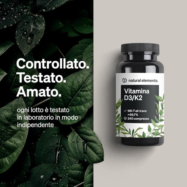 Detalle 2 de natural elements Vitamina D3 + K2 (MK-7 all-trans) con vitamina D3 2.000 U.I., 240 compresse