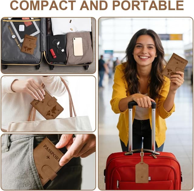 Thumbnail 6 de OFFCUP Passport Holder Cover & Luggage Tag Set with RFID Blocking (PU Leather) – Brown