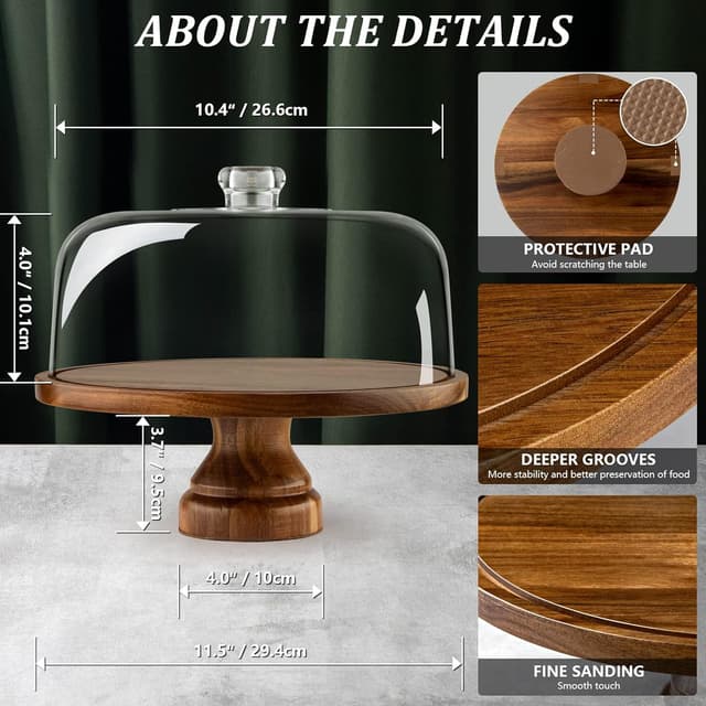 Detalle de ANBOXIT Cake Stand with Dome Lid (Acacia Wood & Acrylic Cover)