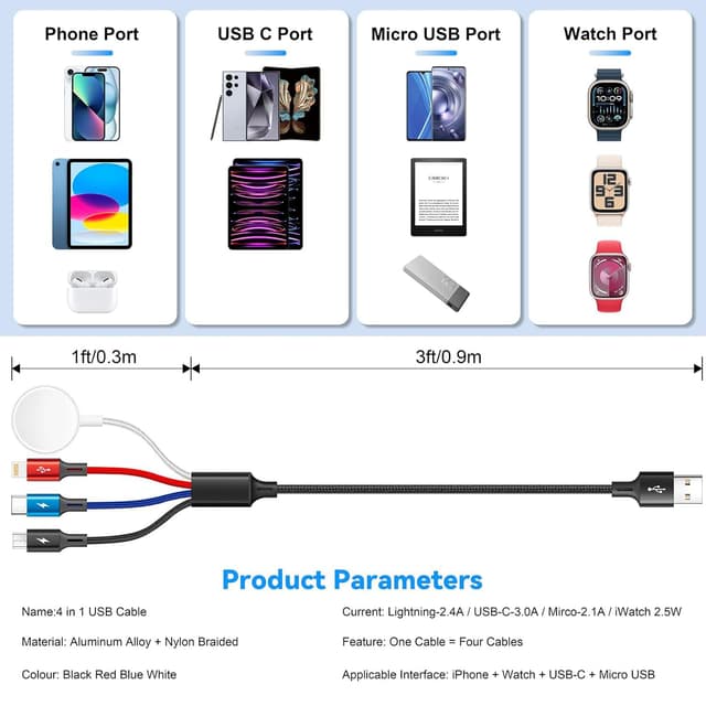 Detalle de MINLU 4 in 1 Multi USB Charging Cable with Magnetic Apple Watch Charger (1.2m, 2-pack)