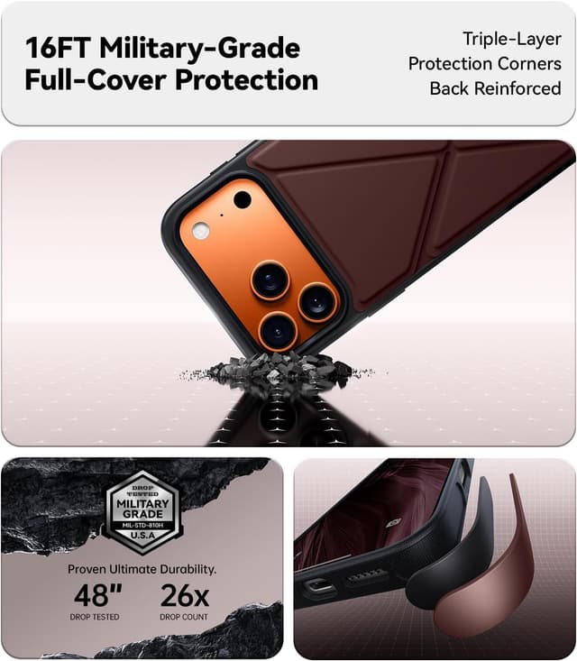 Detalle 1 de Peerock X Fold Stand Case for iPhone 17 Pro with MagSafe (Nano TechWoven, 16FT Drop Protection) — Ochre