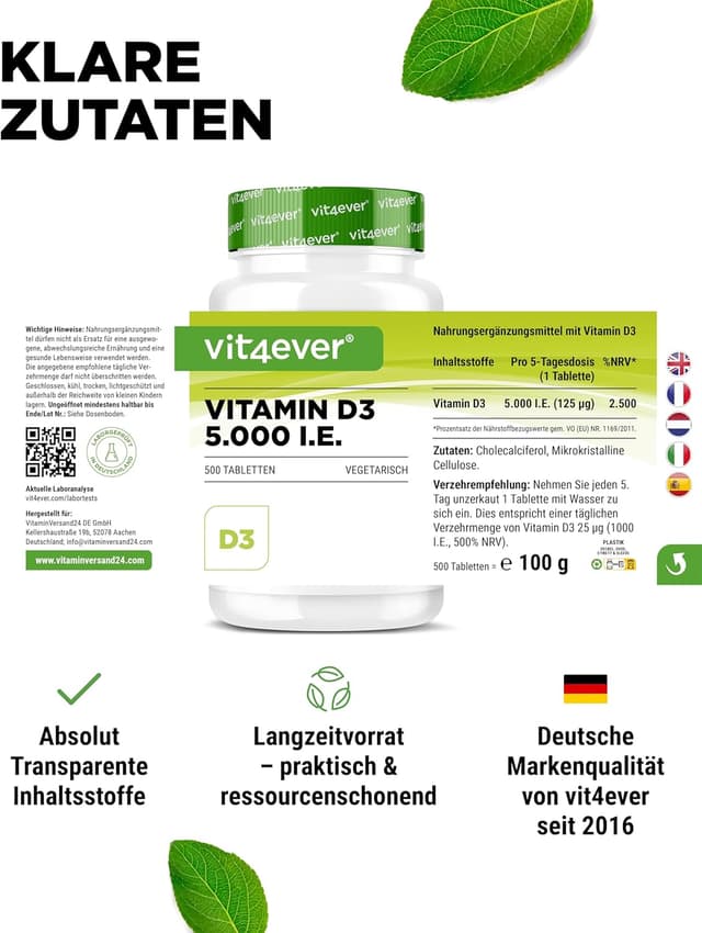 Detalle de Vit4ever Vitamin D3 5000 I.E. Depot – 500 Tabletten (5-Tages-Dosis, vegetarisch)