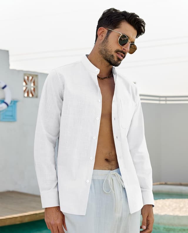 Detalle de J.VER Leinenhemd Herren mit Stehkragen, Langarm und Tasche – Regular Fit Sommerhemd aus Baumwolle & Leinen