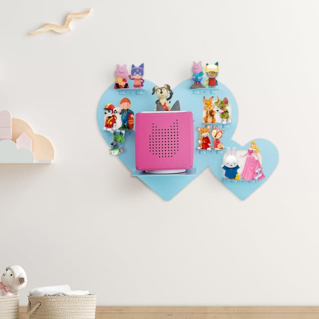 Detalle de Riuog Tonie Shelf for Toniebox & Tonie Dolls – Wall-Mounted Magnetic Metal Rack (Blue, Heart Design)