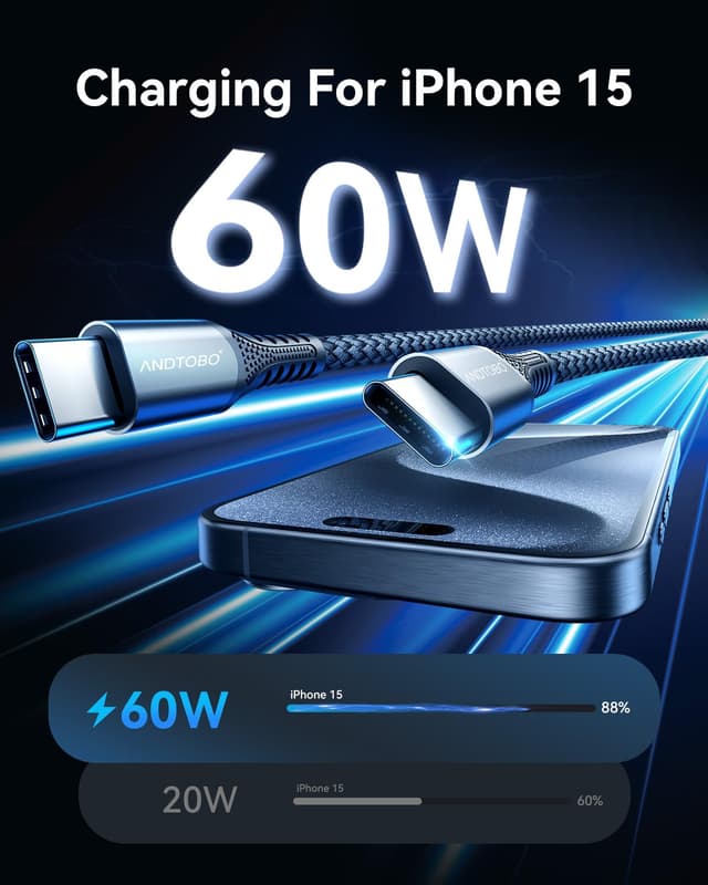 Detalle 2 de CABLE USB C a C 2M 60W PD 3.0 - Carga Rápida 🔌