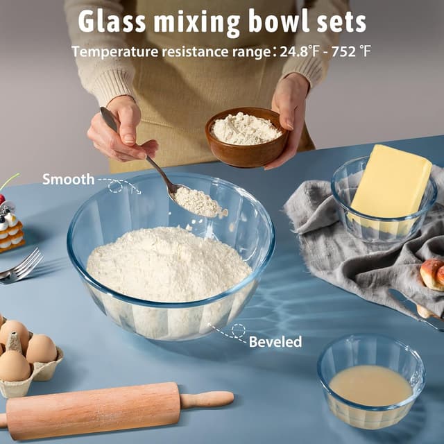 Detalle de Freshmage 5-Pack Mixing Bowls with Airtight Lids (Thick Borosilicate Glass) – Nesting Set for Baking & Meal Prep